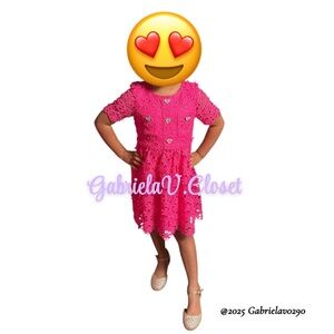 GB Girls Vibrant Hot Pink Lace Girl Dress With Silver Hearts With‎ Gems